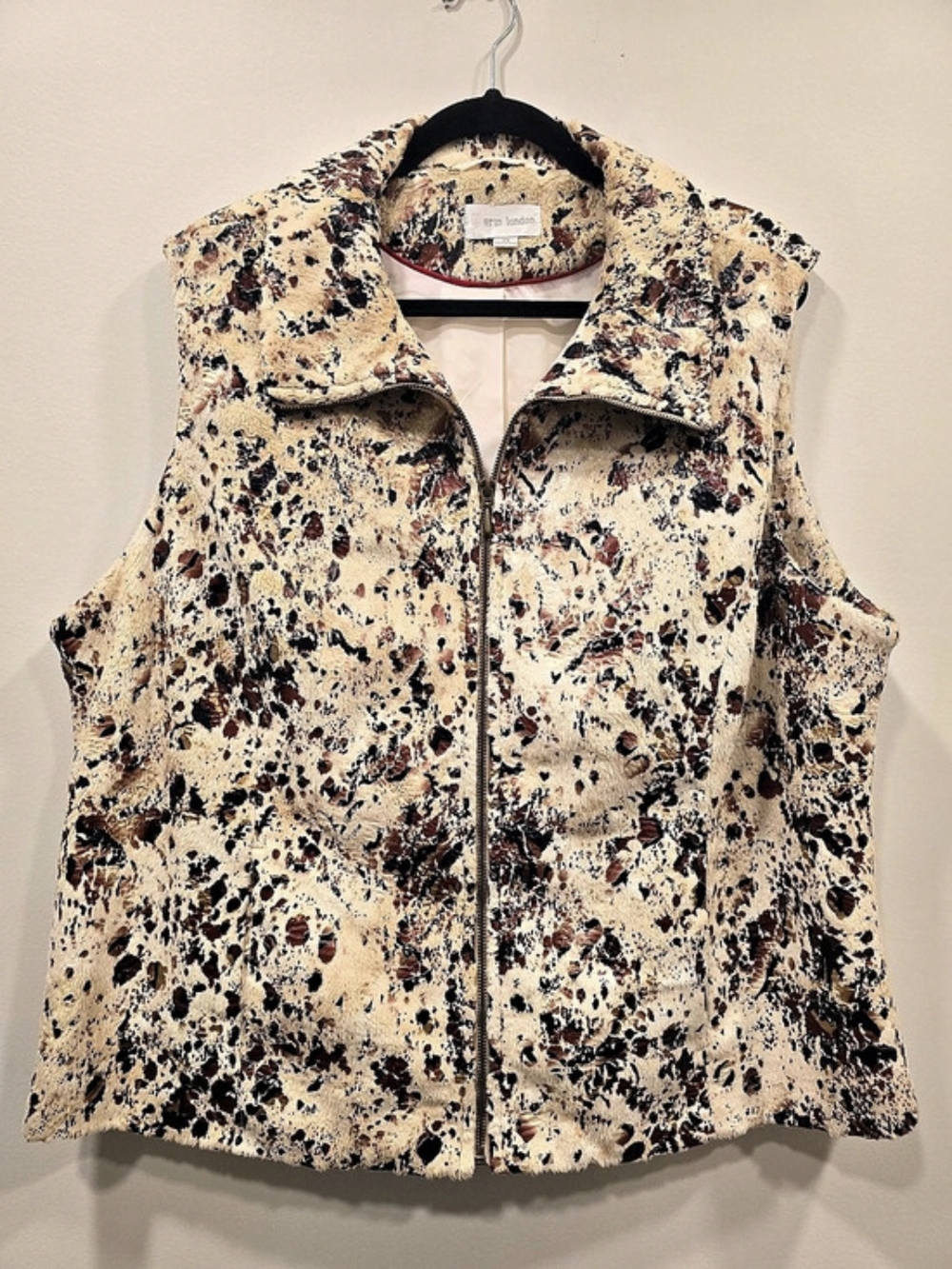 Erin London Faux Fur Vest Plus Size 2X Metallic Paint Splatter Print Full Zip